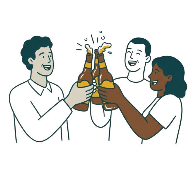 A stylized, flat-design graphic illustration of three smiling friends clinking brown beer bottles together in celebration, set against a light beige background.