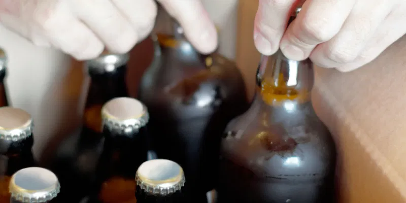 A close-up shot of a person's hands carefully placing brown glass beer bottles with silver caps into a cardboard shipping box.