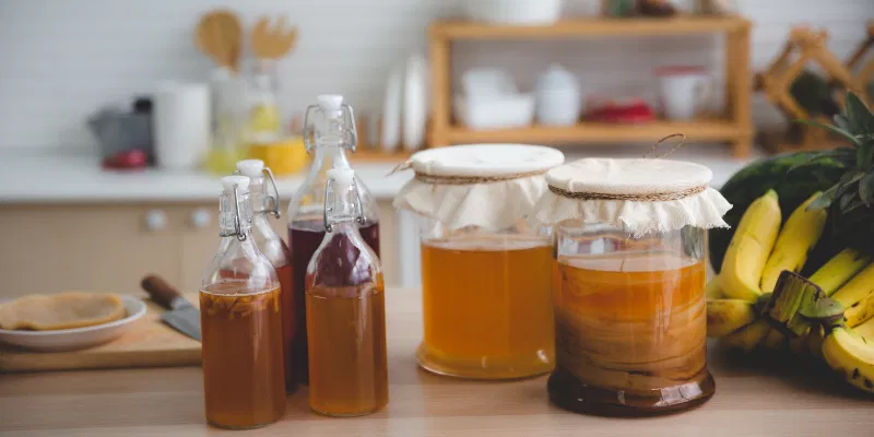 Multiple glass fermentation jars covered with cloth alongside finished bottles of kombucha and fresh fruit on a kitchen counter.