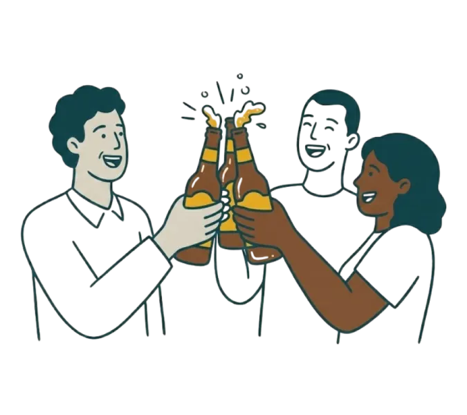 A stylized, flat-design graphic illustration of three smiling friends clinking brown beer bottles together in celebration, set against a light beige background.